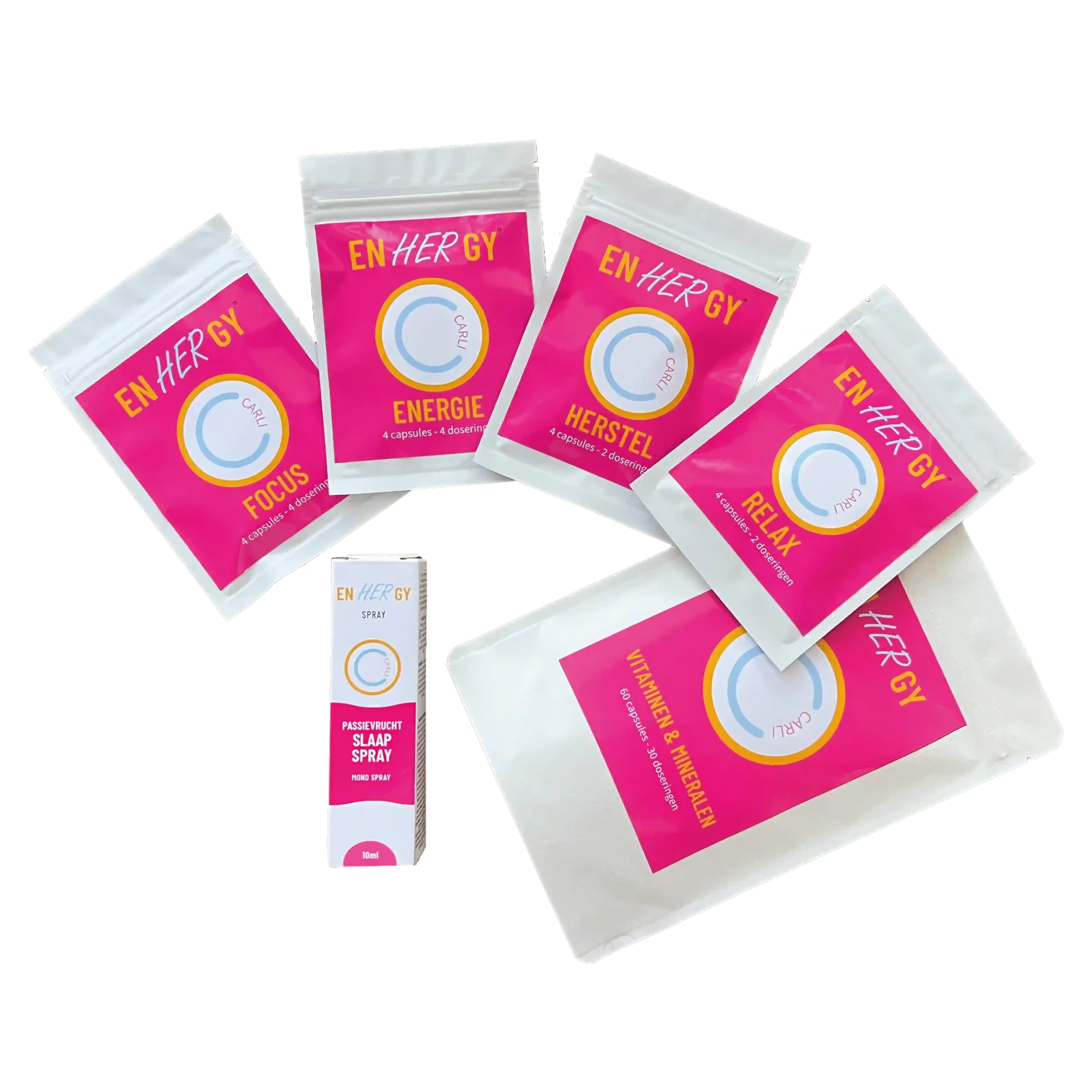 afbeelding van de 6 essentiele producten in het enHERgy supplementen aanbod. deze 6 zorgen voor gezonde alternatieven om je energie te verhogen.